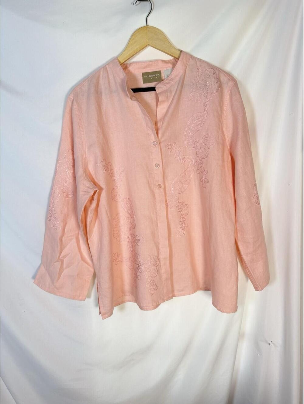 Liz Claiborne LizWear 100% Linen Peach Tunic Shirt Women's XL Embroidered